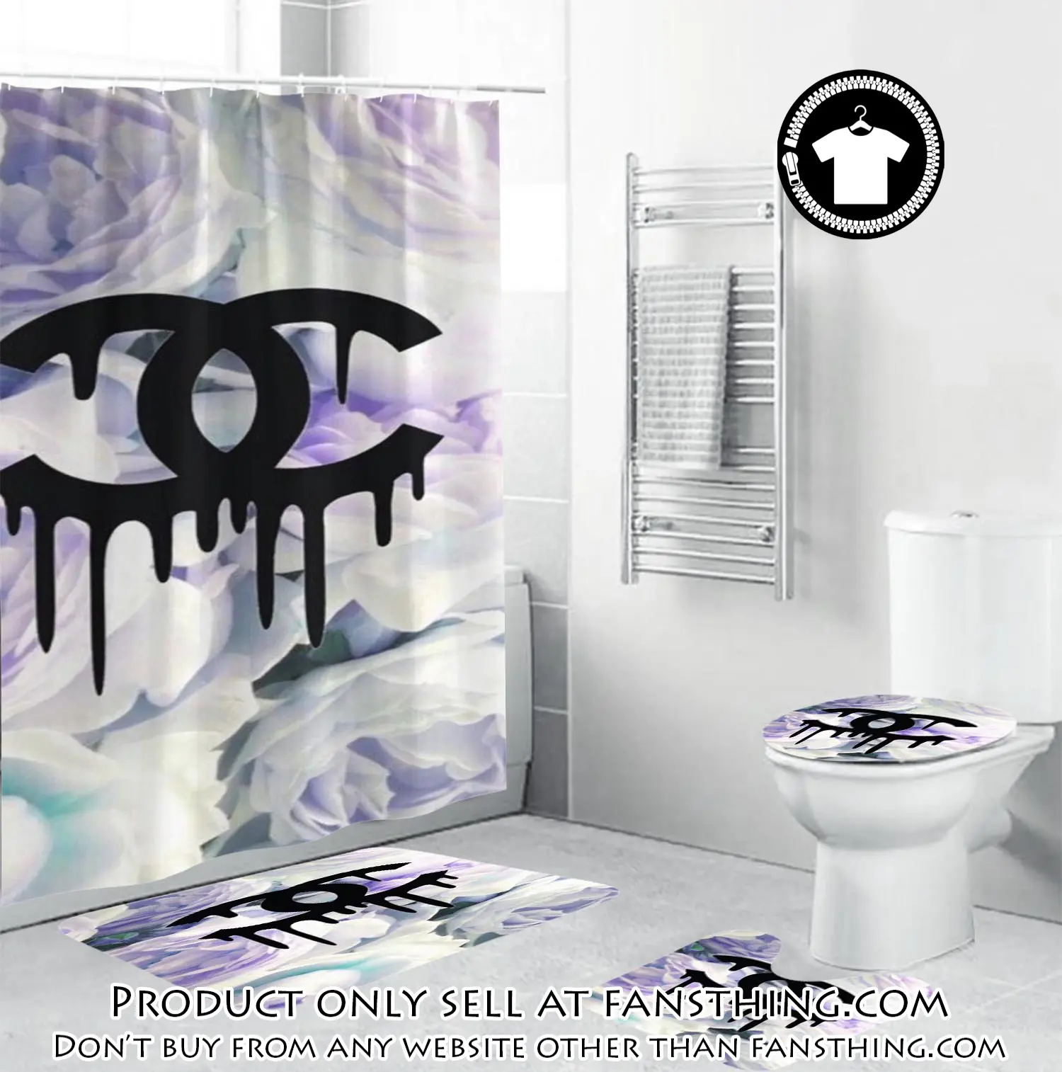 Coco chanel black dripping logo in floral background bathroom set shower curtain fst4753194